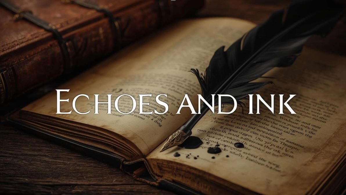 Echoes and Ink — antique book with quill pen, atmospheric gothic still life